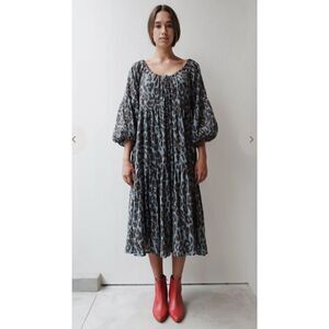At Dawn Cotton Crinkle Puff Dress Blue Surf Leopard Size M